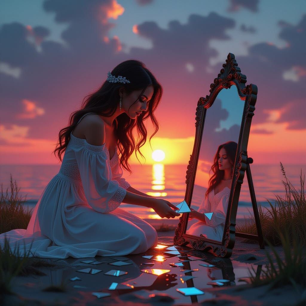 Sunset Woman Sculpture of Resilience in Surreal Style