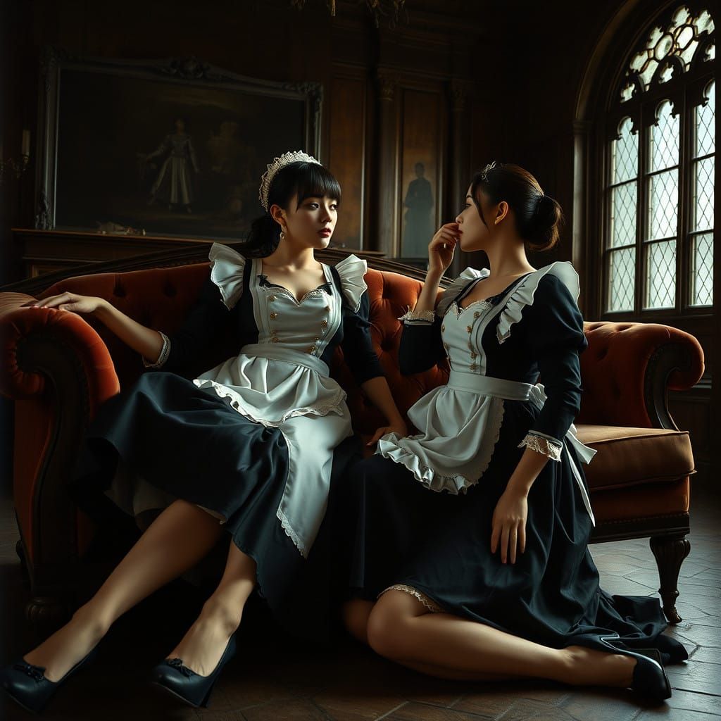 Victorian-Era Maid's uniforms in Medieval Mansion Setting