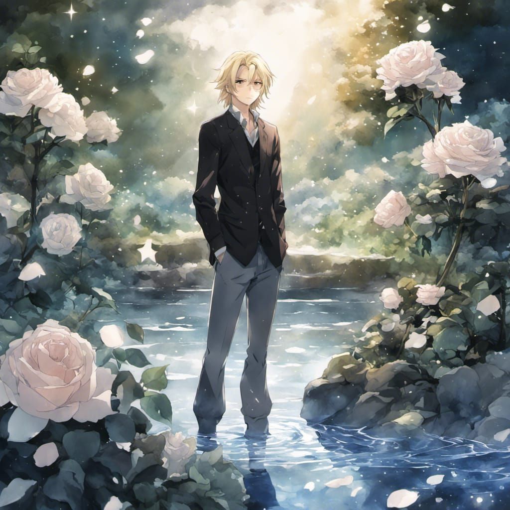 Anime Man with Roses in Watercolor Style