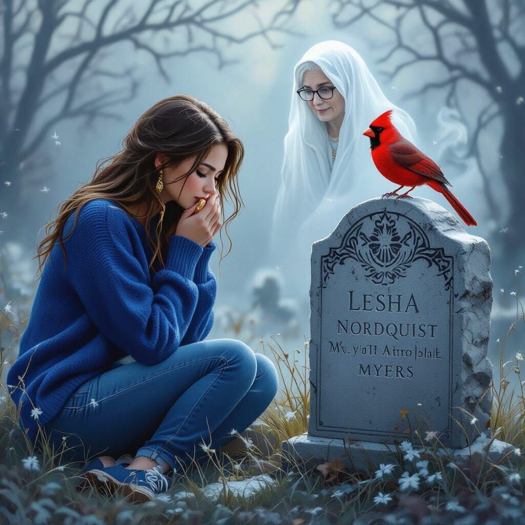 Mourning Woman with Cardinal in Ethereal Fantasy Style