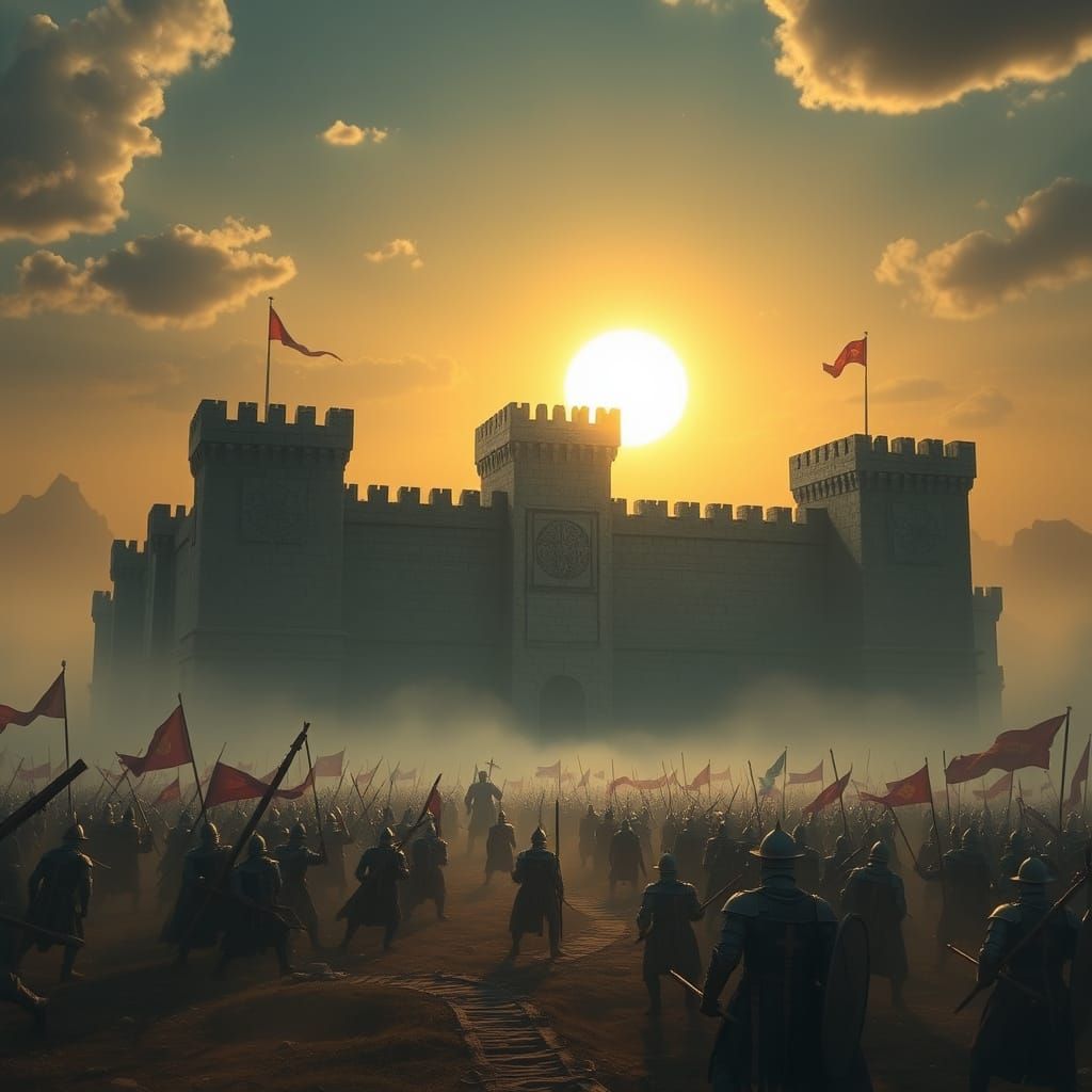 Imposing Stone Fortress Under Siege at Dawn
