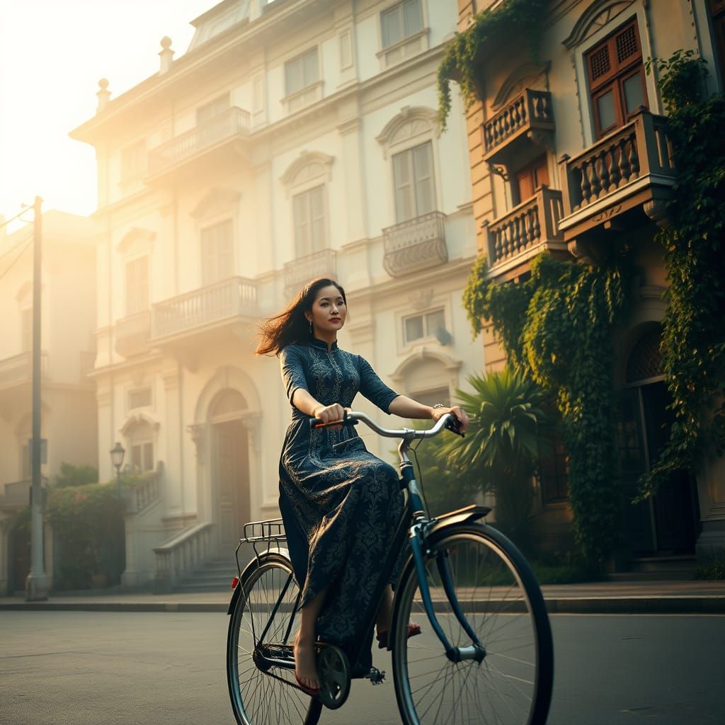 Woman on Bicycle in Misty Golden Hour, Retro Aesthetic