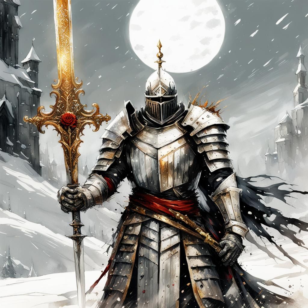 Gothic Knight with Longsword in Snowy Field