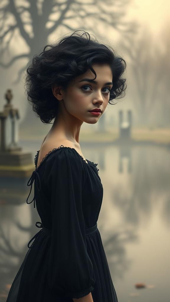 Mystical Woman at Lakeside Graveyard, Eerie Romanticism