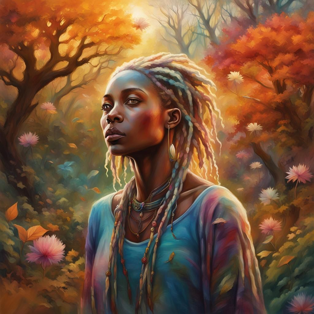 Alien Woman in Autumn Garden, Psychedelic Alcohol Ink