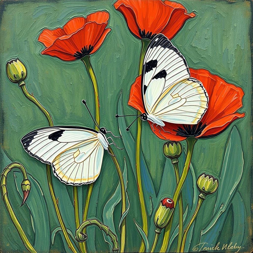 Butterflies and Poppies in Van Gogh Impressionist Style