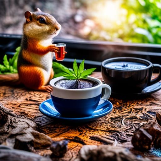 Chipmunks Enjoying Coffee, Crystals, and Flowers