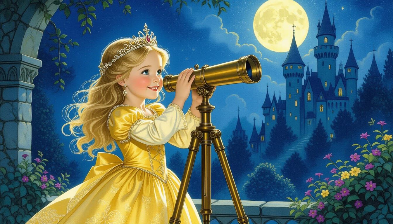 Princess Gazing Through Telescope in Moonlit Garden