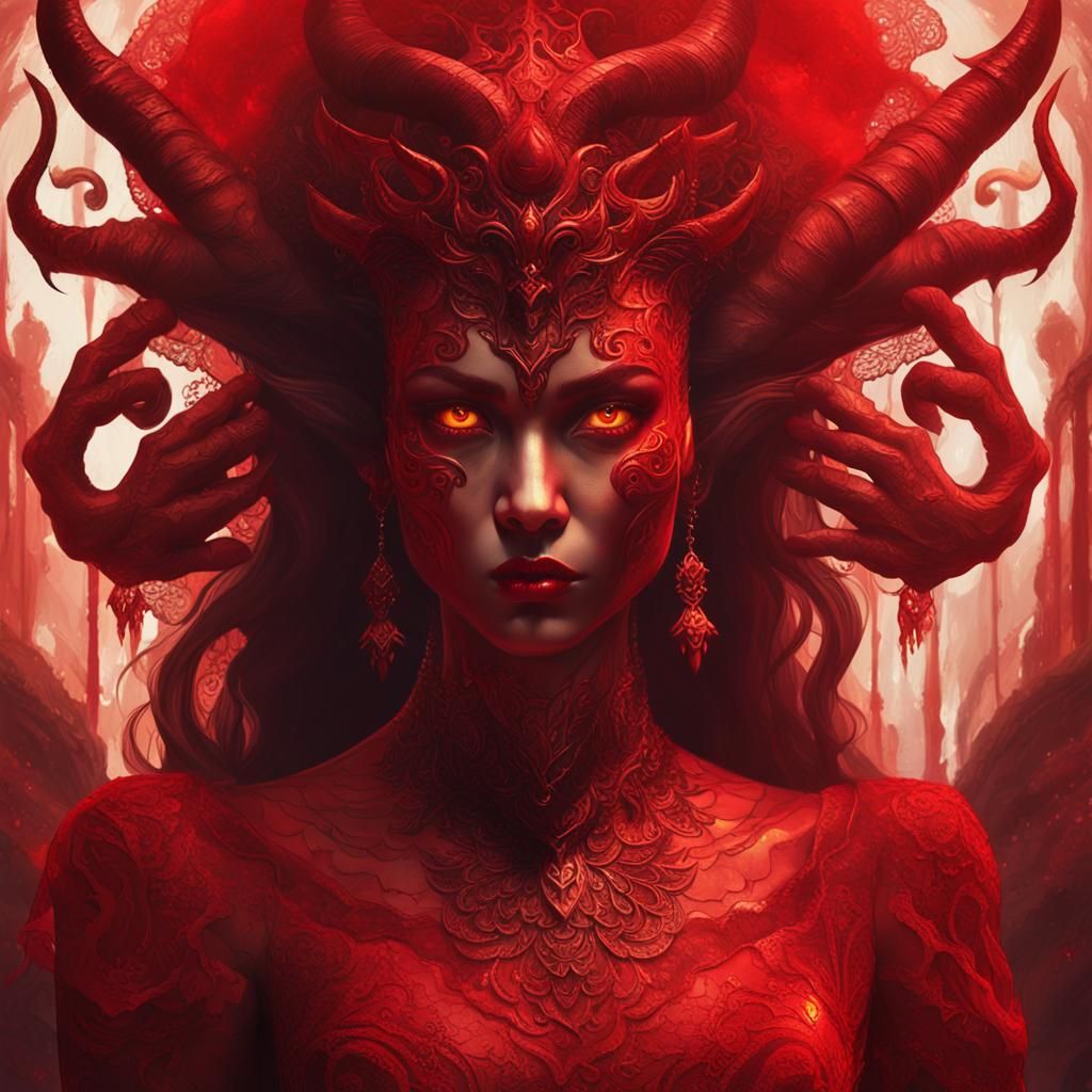 Devil in Red Dress, Vibrant Oil Painting