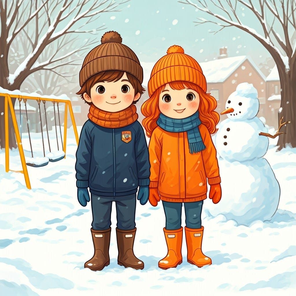 Children Building Snowman in Winter Wonderland