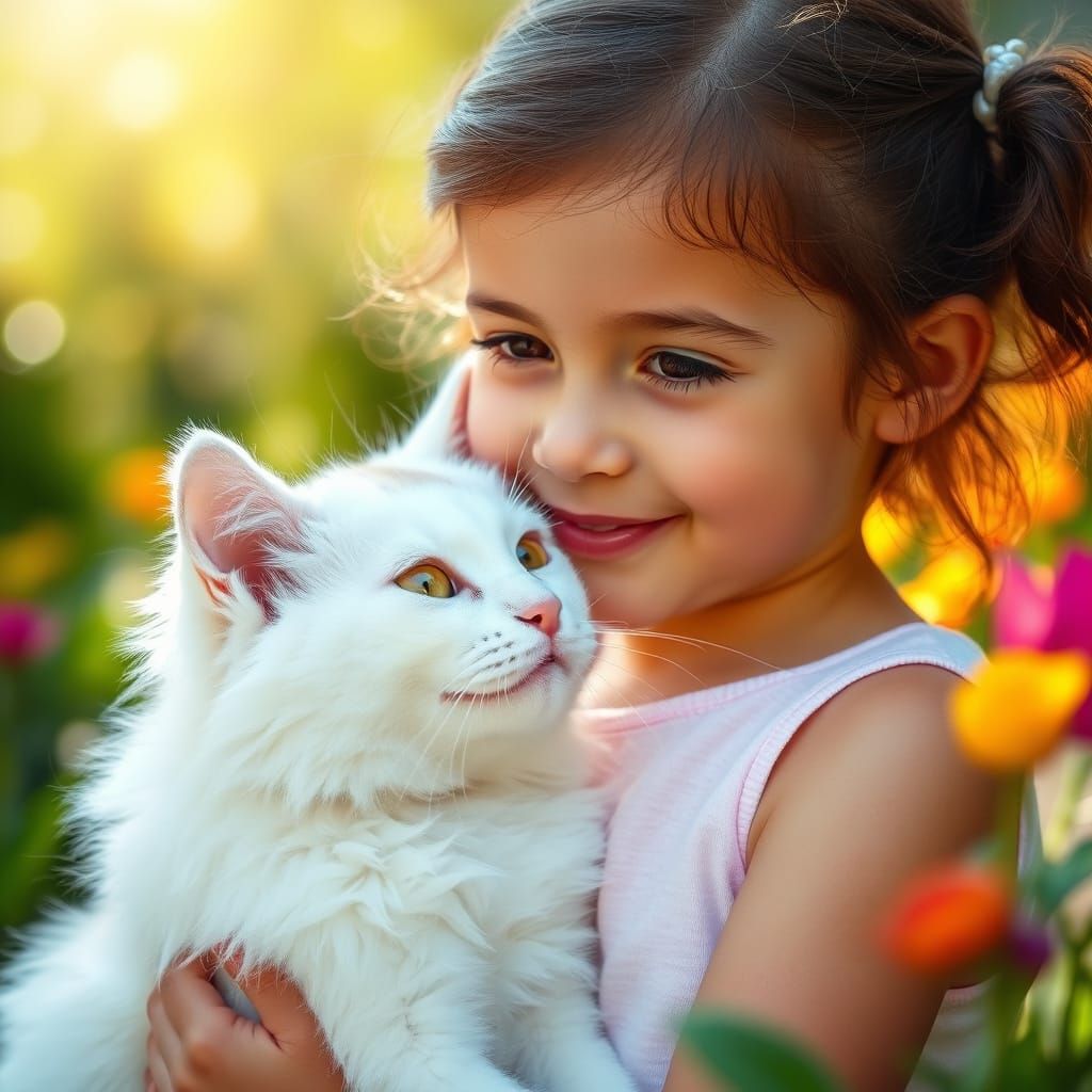 A Young Girl's Tender Moment with a Fluffy Cat in a Sunlit G...