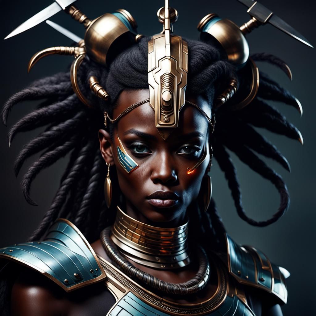 Dark Warrior Woman Portrait in Retrofuturism Style