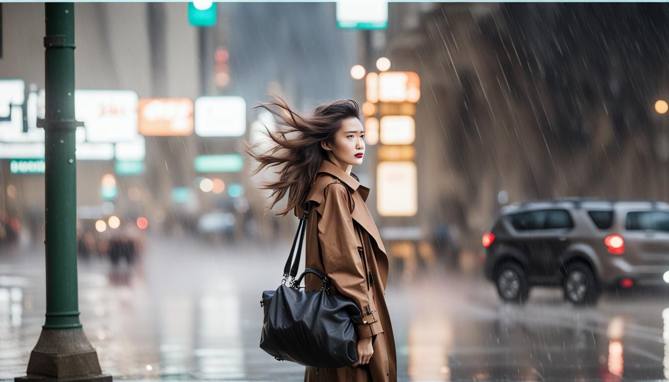 Woman in Trench Coat Walking in Rain