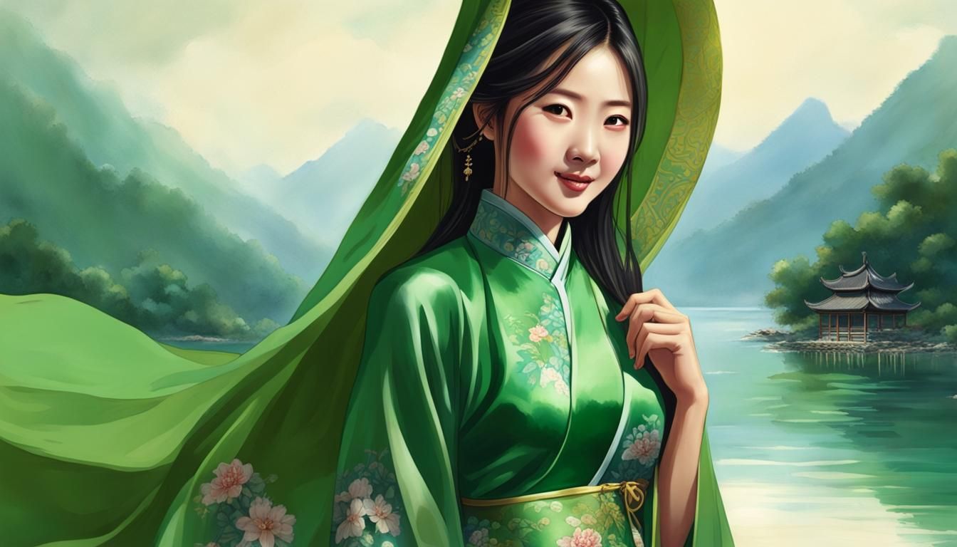 Smirking Hmong Girl in Silk Qipao Portrait