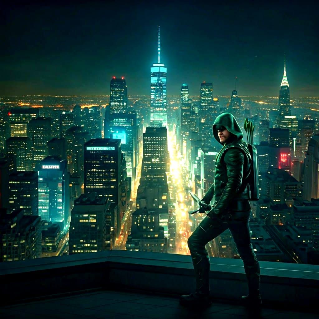 Green Arrow on Rooftop at Night, Hyperrealistic