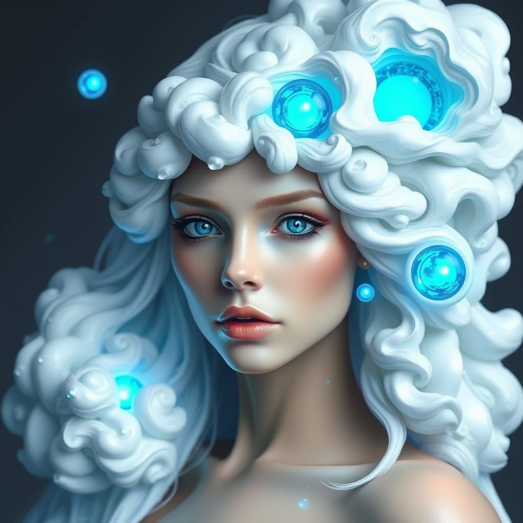 Ethereal Woman with Cloud Hair and Glowing Orbs