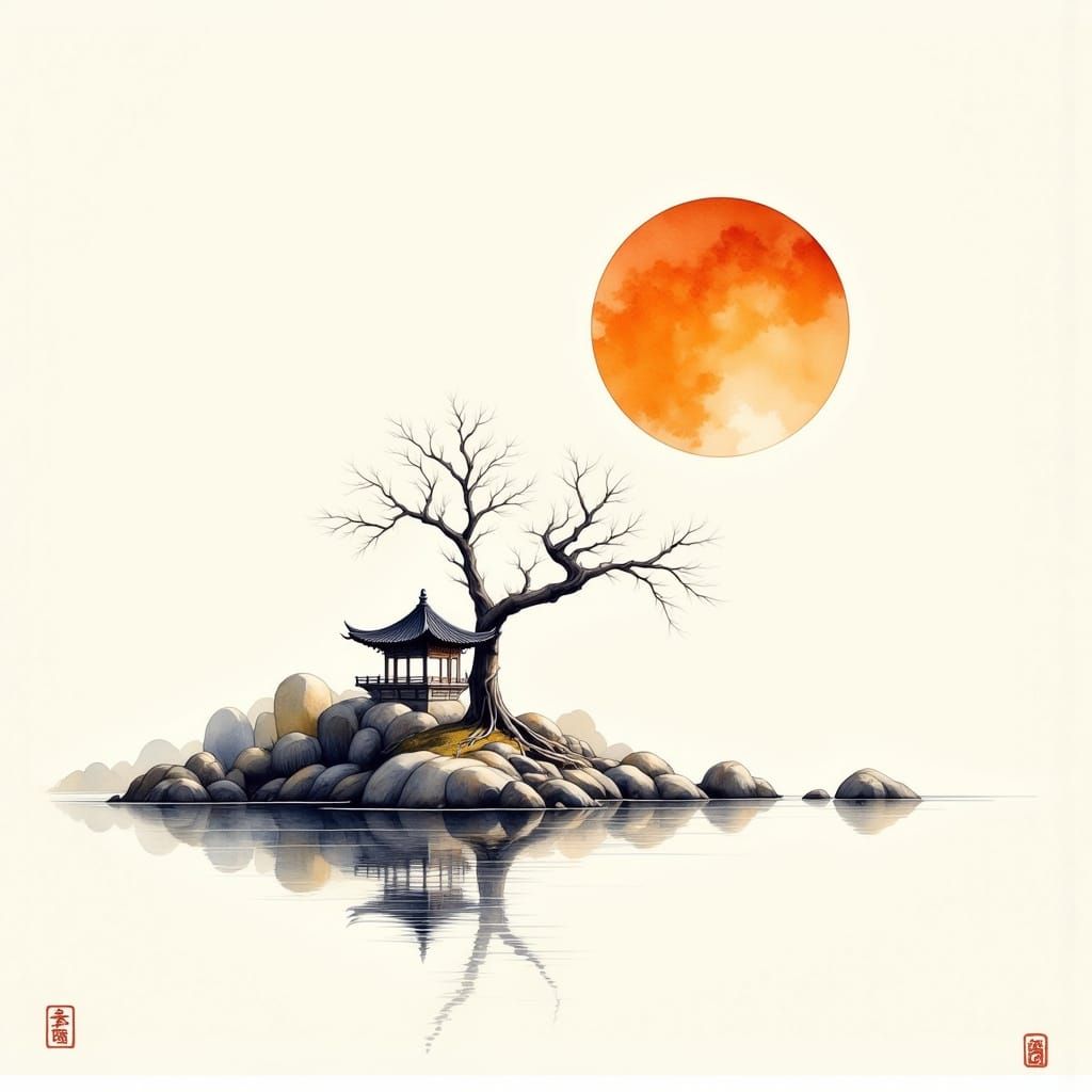 Elegant East Asian-Inspired Watercolor Scene with Pagoda and...