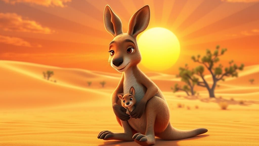 Cute Brown Kangaroo Mother and Joey in Australian Desert Lan...
