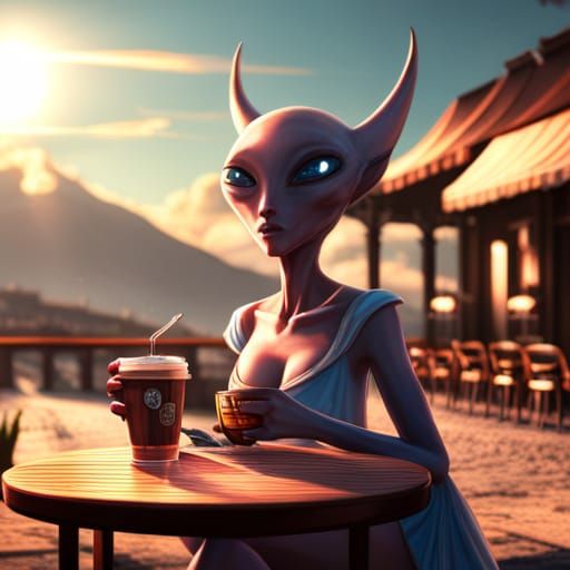Anime Alien Enjoying Wine at Cafe