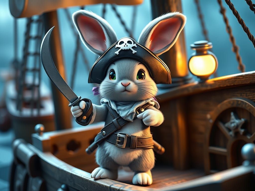 Cute Bunny Pirate with Cutlass on Toy Ship