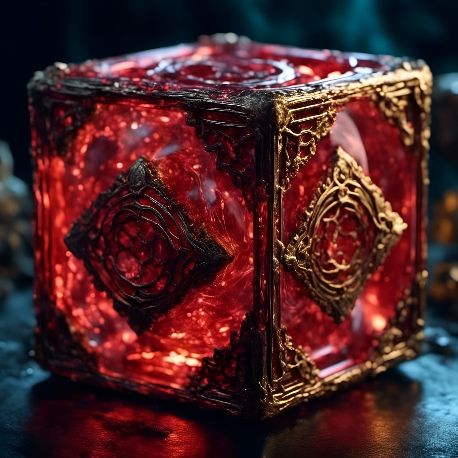 Glowing Red Glass Holocron with Bronze Overlays