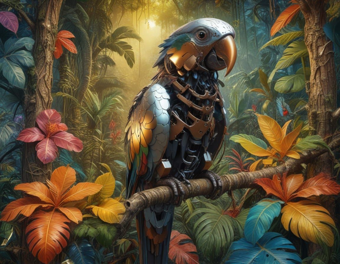 Mechanical Parrot in Tropical Rainforest Fantasy Art