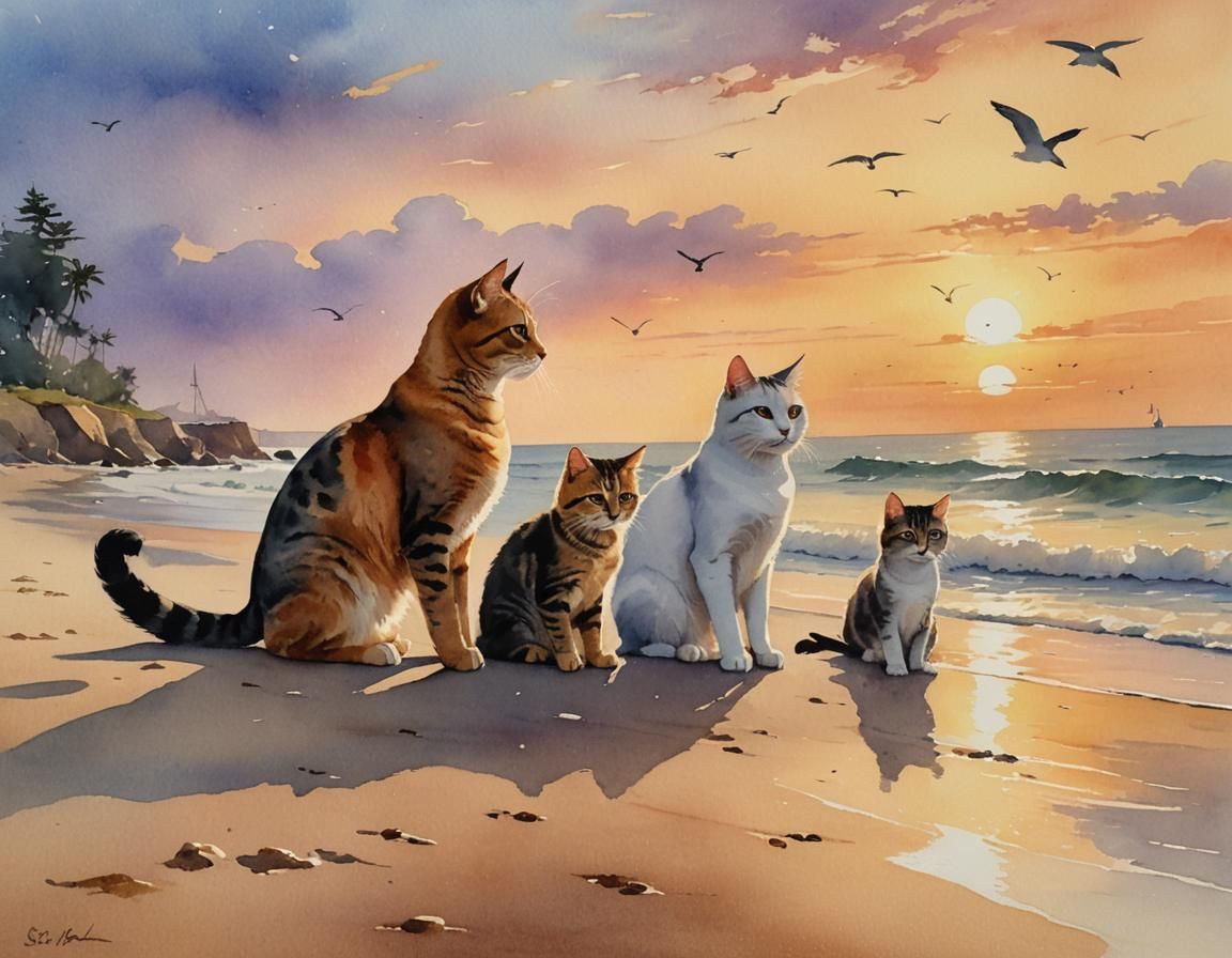 Cat Family's Beach Sunset: Watercolor Painting