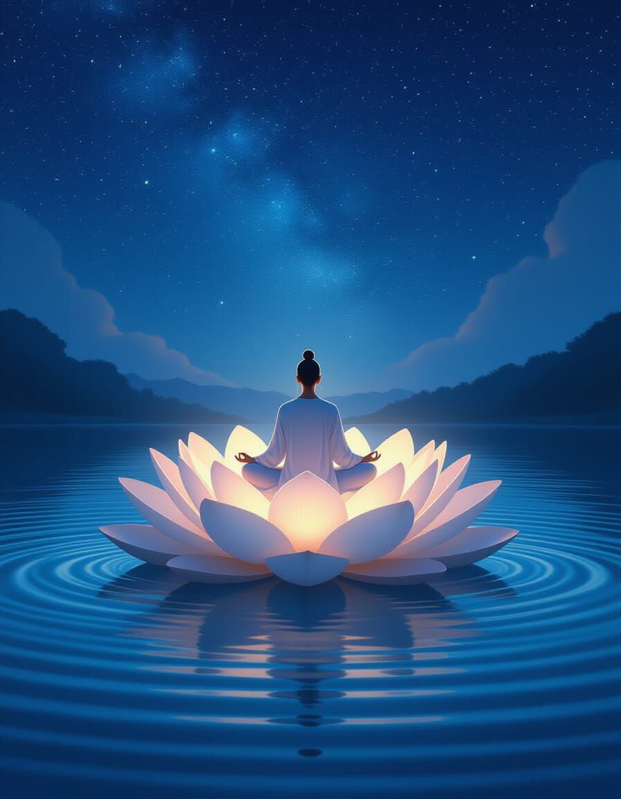Meditating Figure on Bioluminescent Lotus Lake