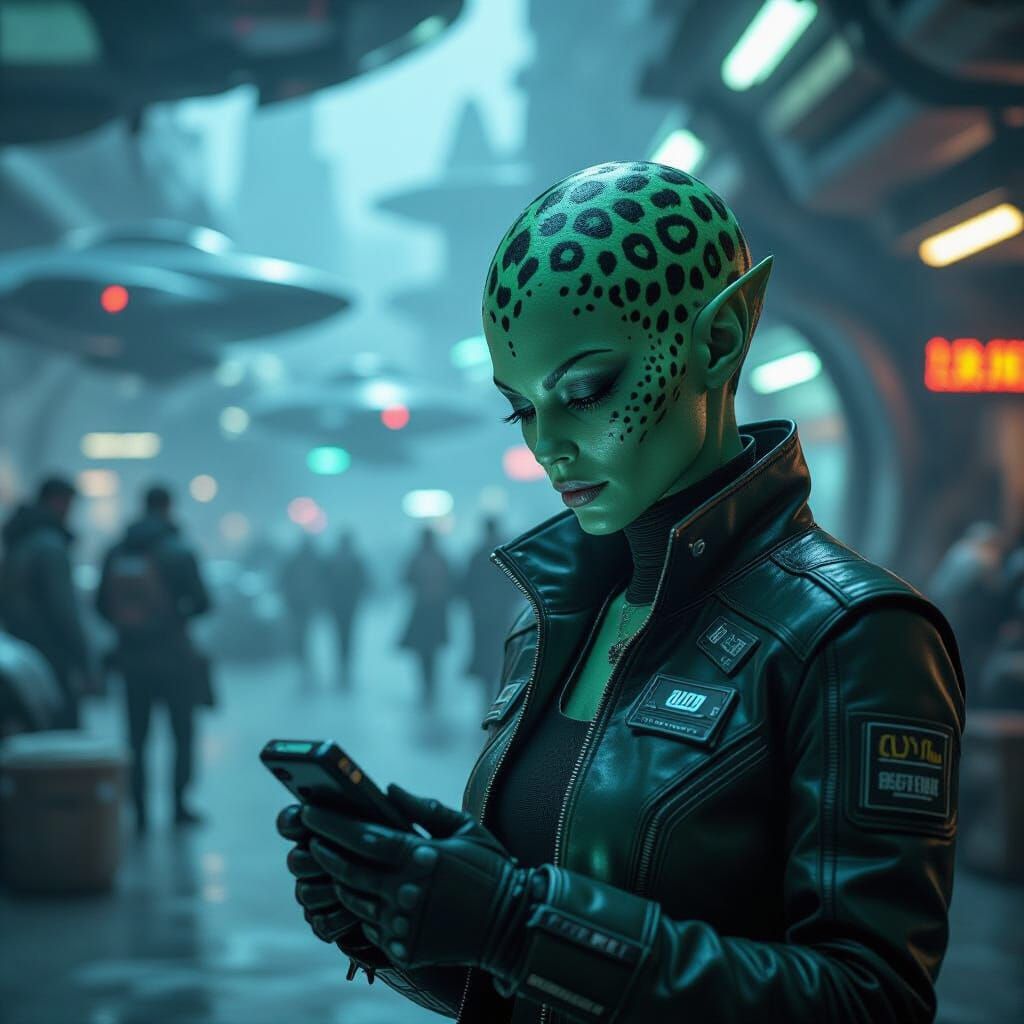 Alien Pilot Receives Message in Busy Sci-Fi Starport