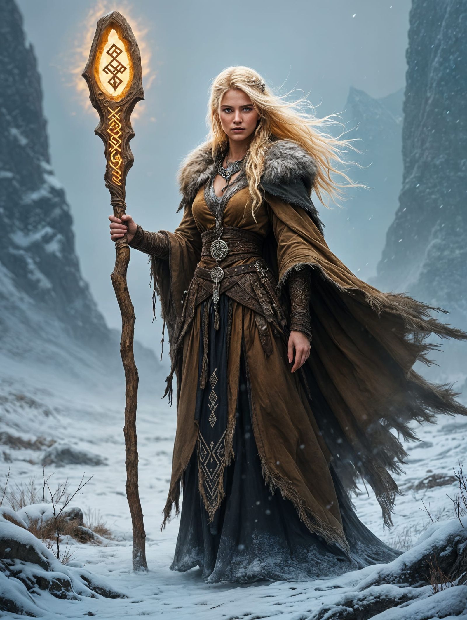 Mystical Norse Sorceress in Winter Landscape