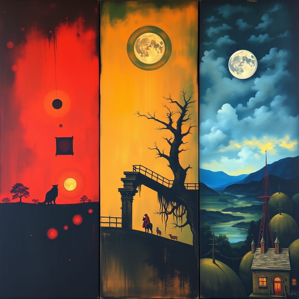 Surrealist Dreamscape Triptych in Abstract Color Palette
