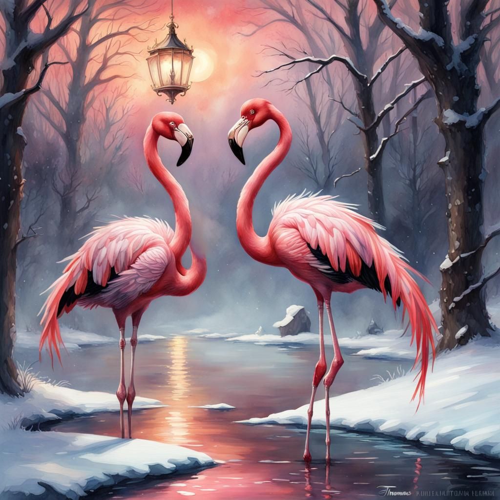 flamingos in winter wonderland