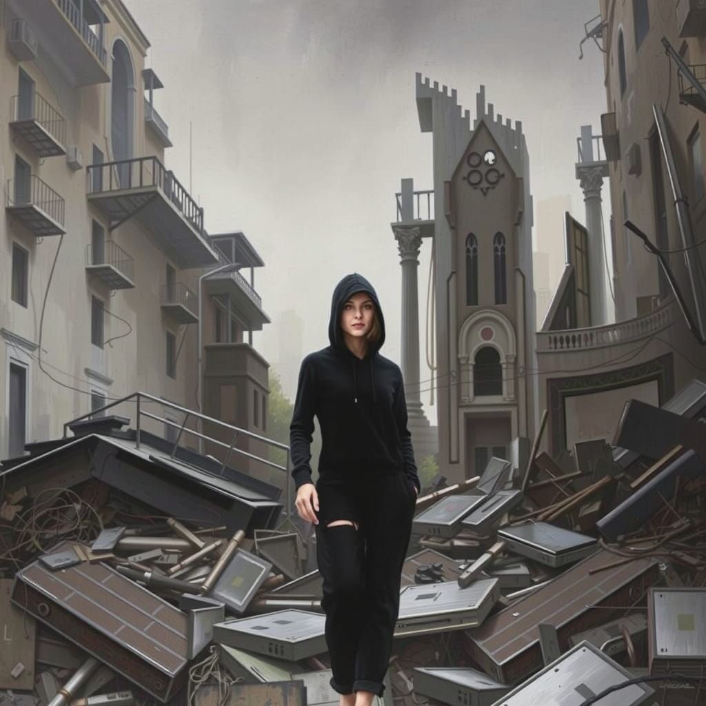 Dystopian Woman in Urban Landscape, Inspired by Romanticism