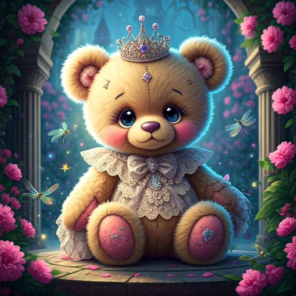 Whimsical Princess Teddy Bear in Enchanted Garden