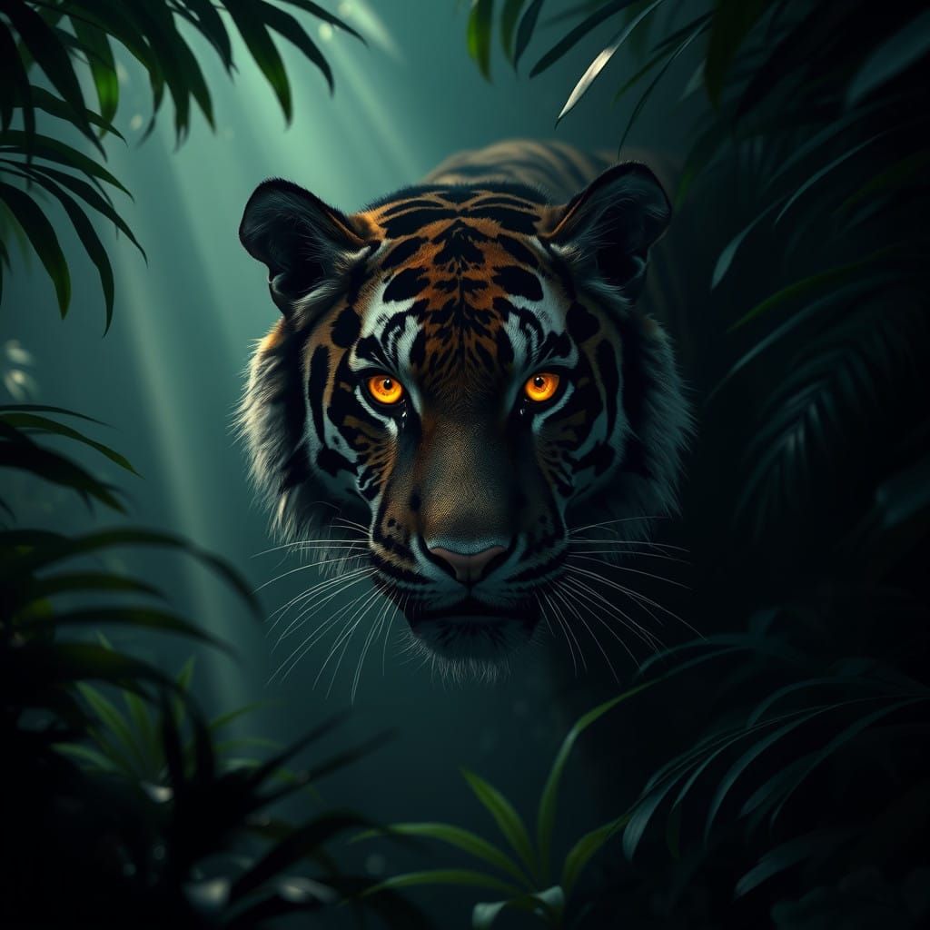 Majestic Tiger Blends into Jungle Shadows