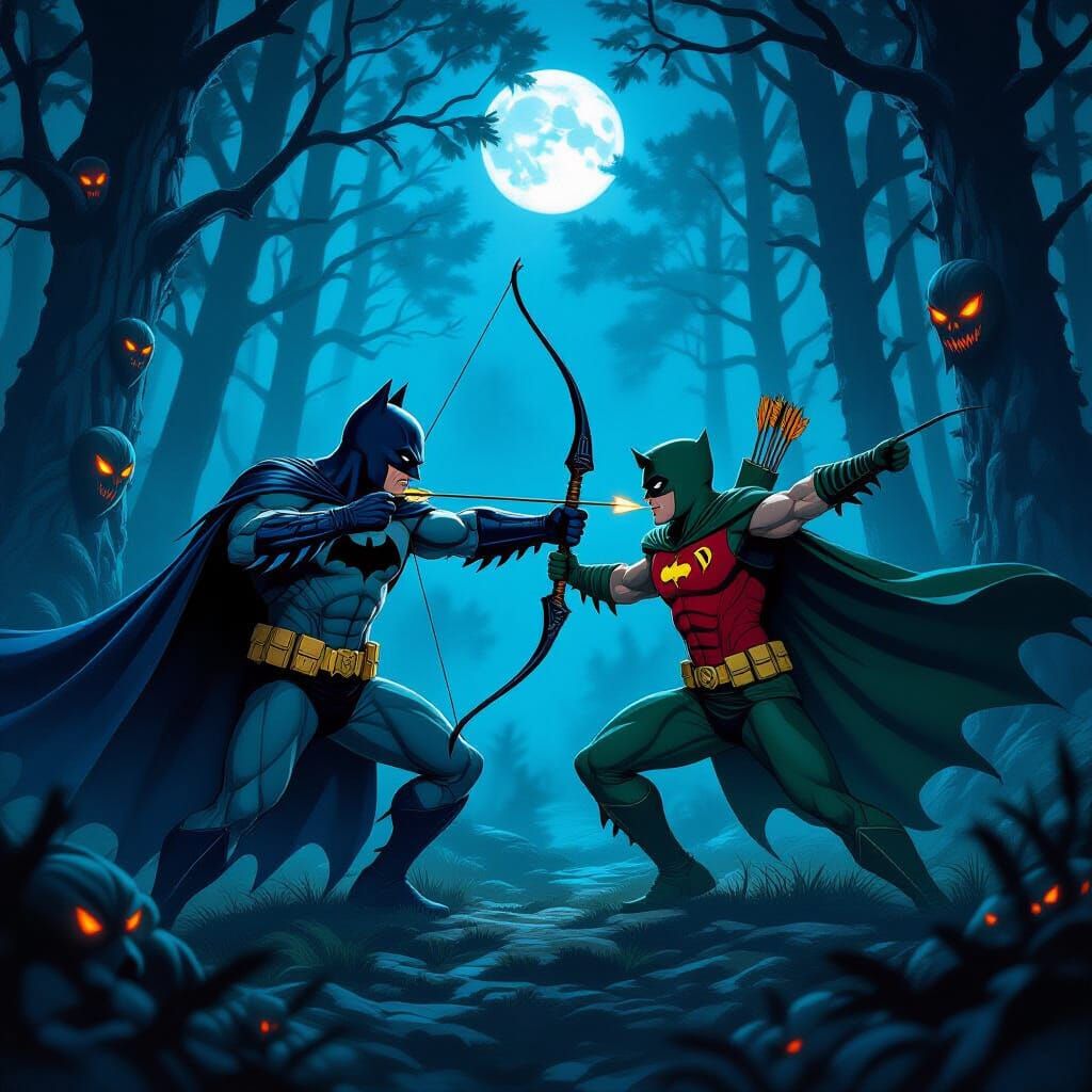 Batman & Robin Hood Fight Monsters in Moonlight