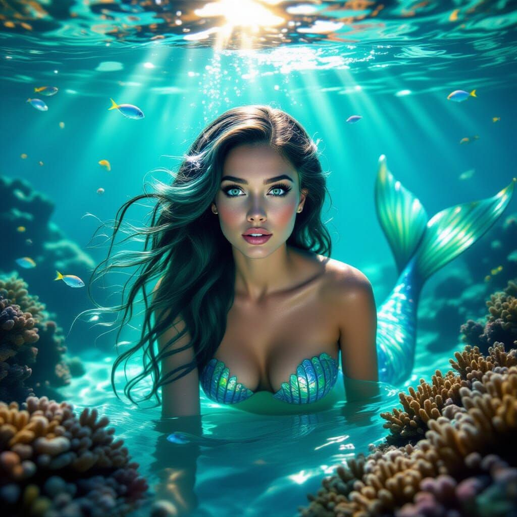 Mermaid Emerges From Crystal Water Amidst Coral Reefs