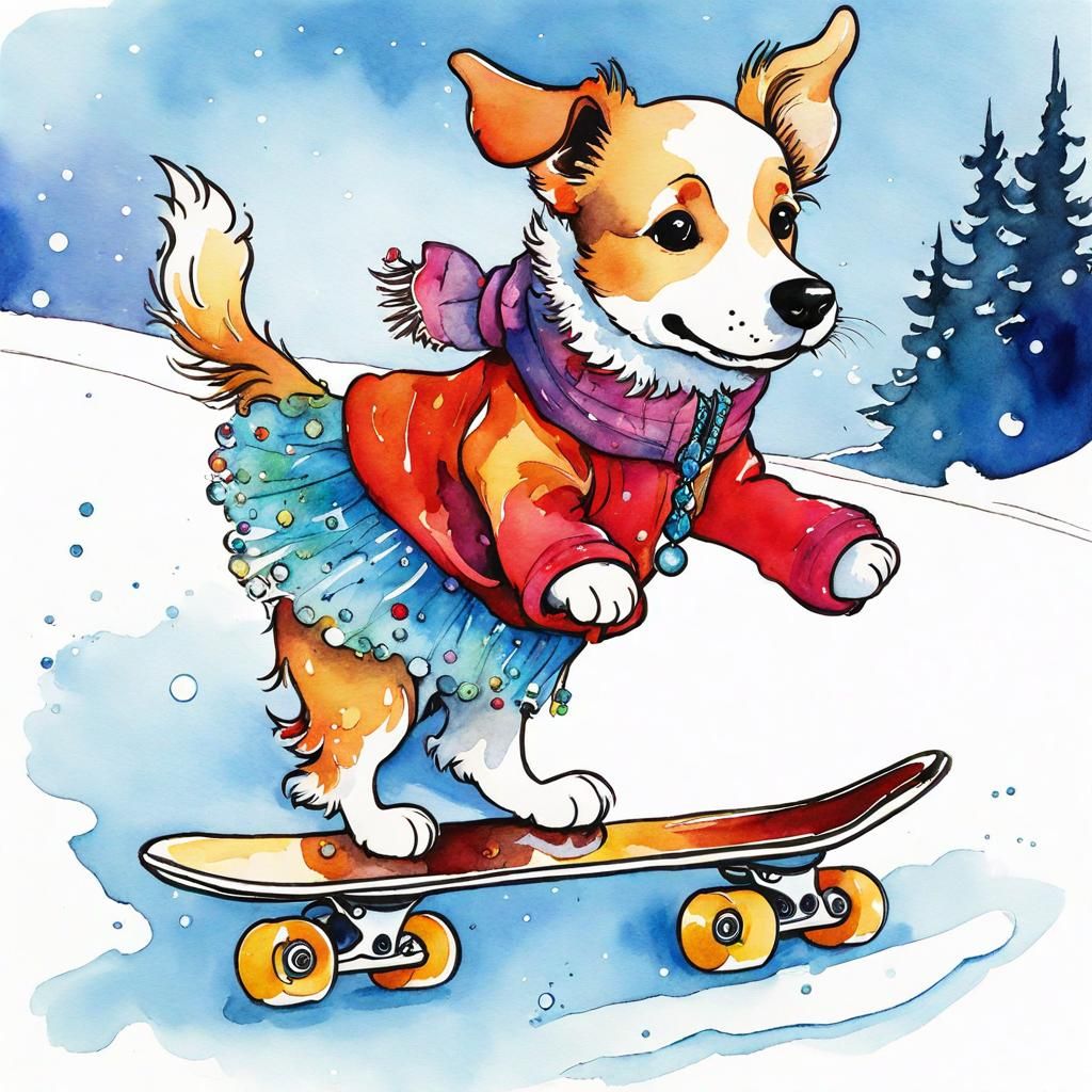 Cute Dog Icedancer in Storybook Watercolor Style