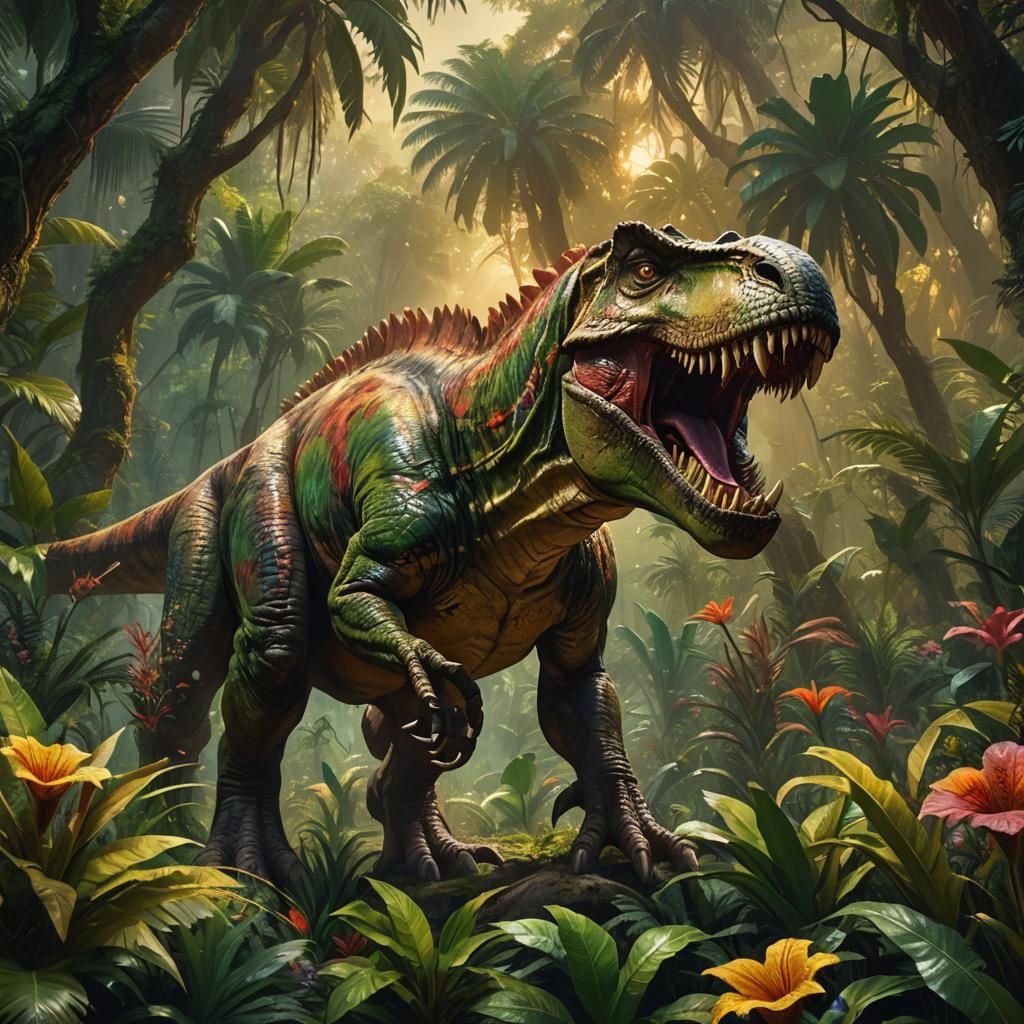 Roaring Brown Tyrannosaurus Rex in Jungle, Oil Painting