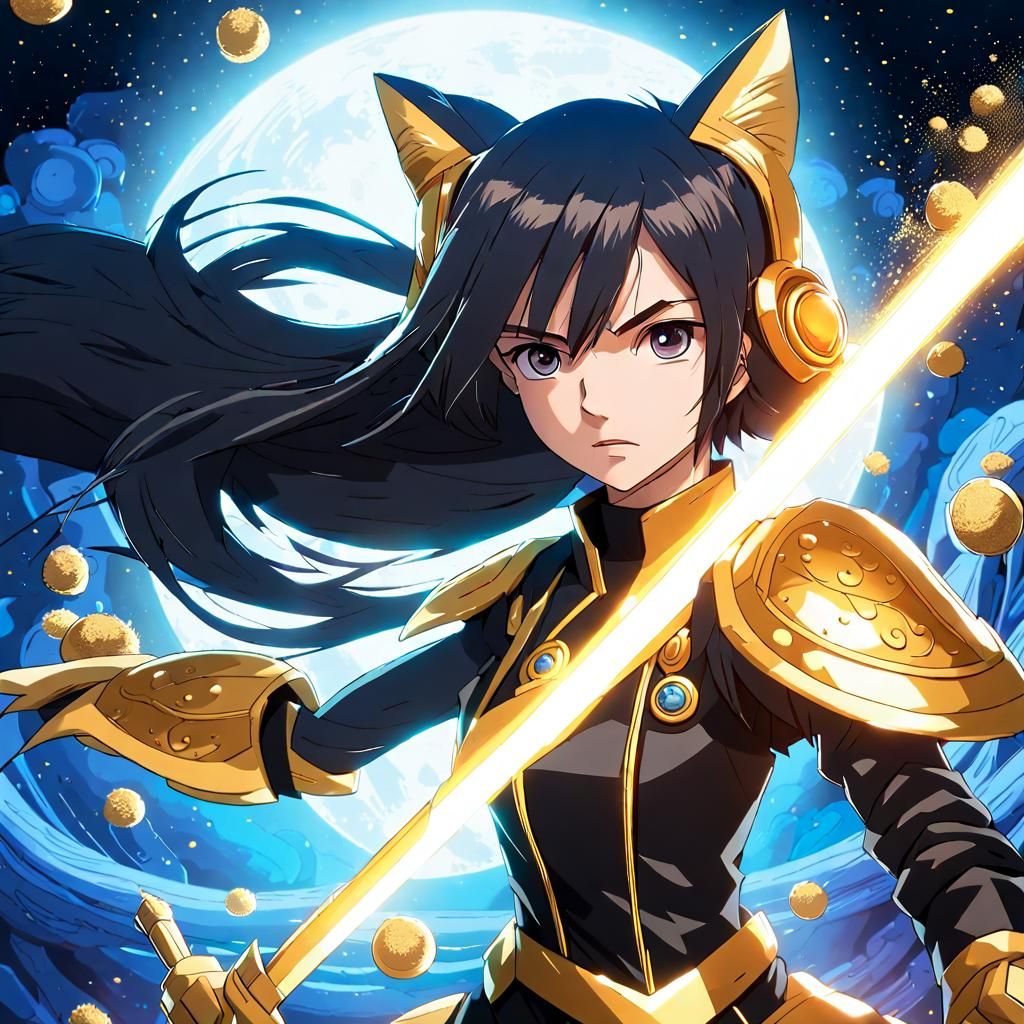 Epic Cosmic Battle with Cat-Eared Girl: Digital Art