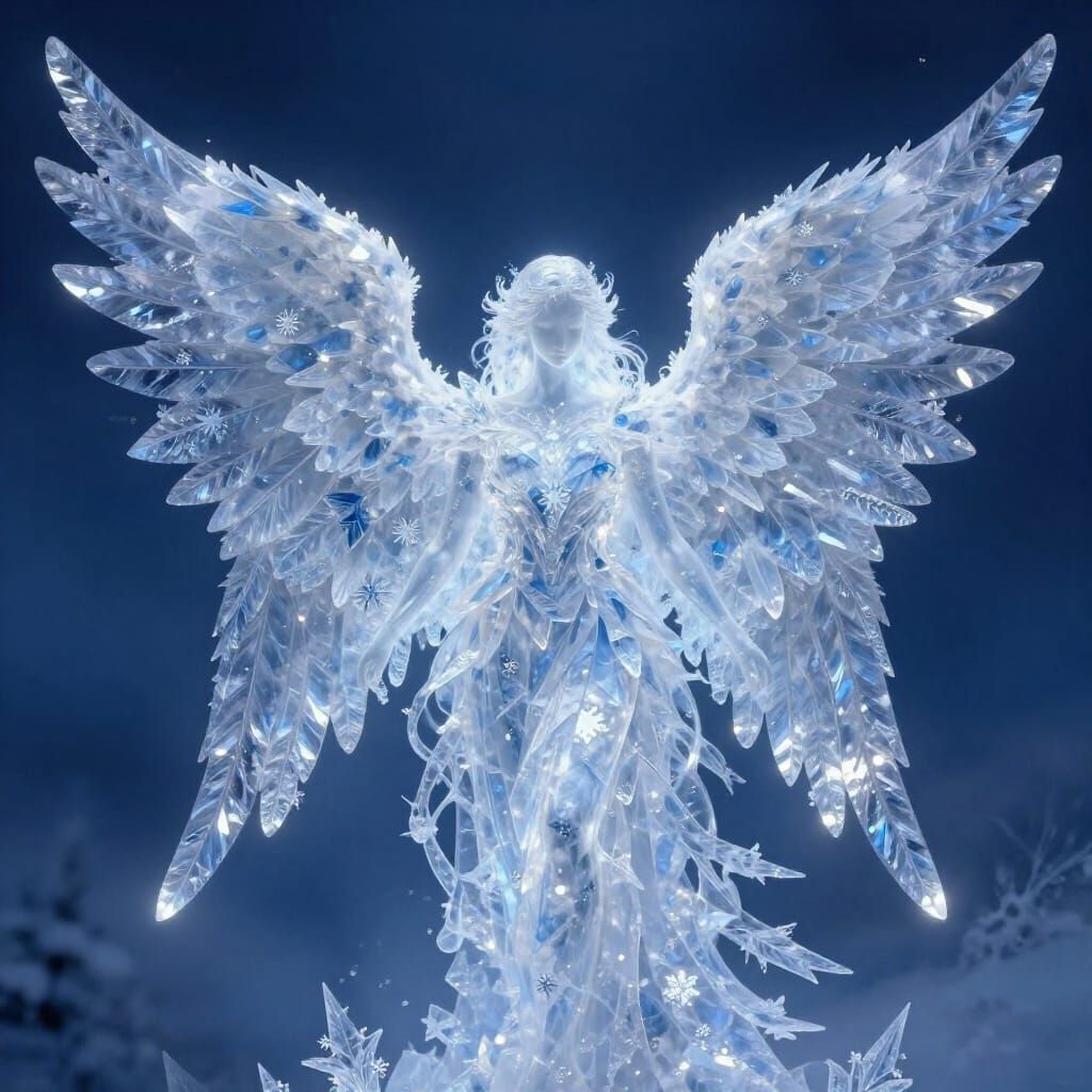 Ethereal Angel Made of Glowing Crystal Snowflakes