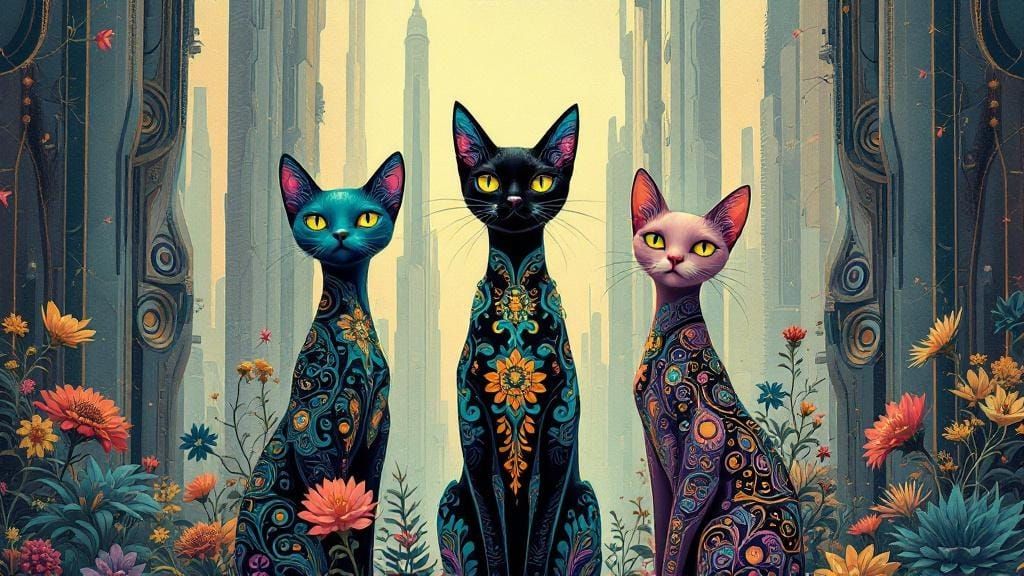 Stylized Cats in Futuristic Cityscape Digital Art