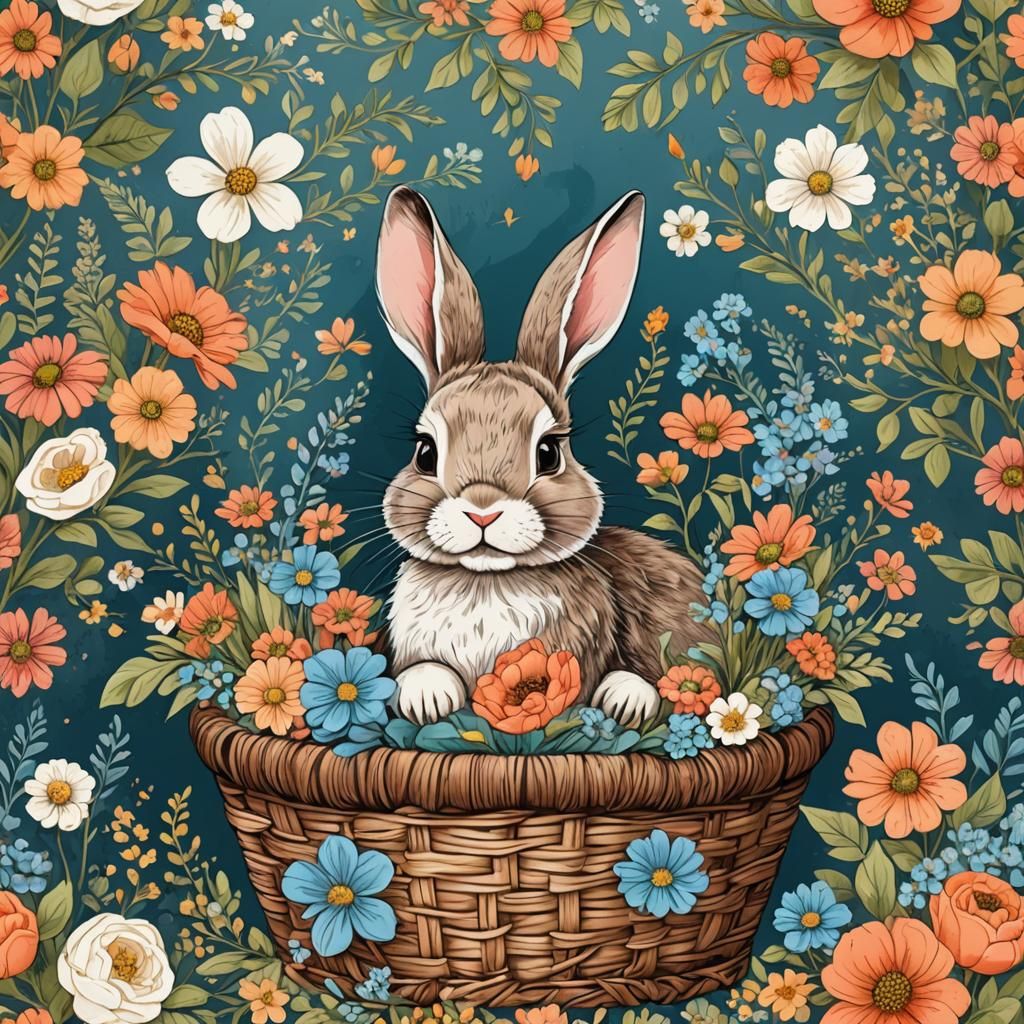 Abstract Bunny in Basket with Flowers