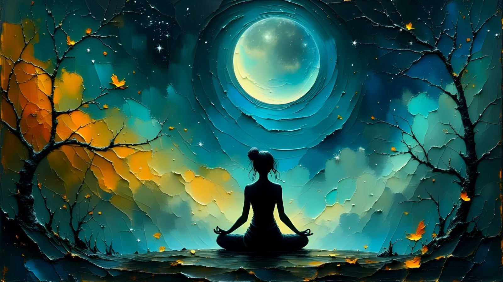 Meditating Woman Under Aurora and Starlit Moon