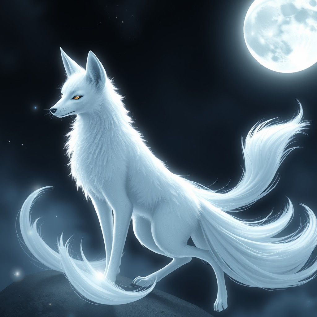 Luminous White Moon Nine-Tailed Fox in 3D Anime Style