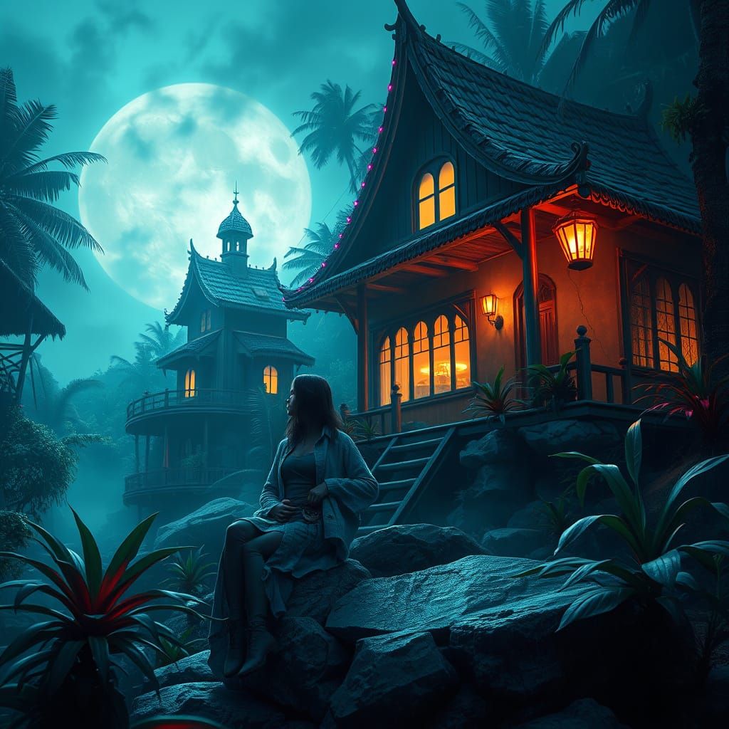 Ghostly Village: Hyperrealistic Rendering with Neon Accents