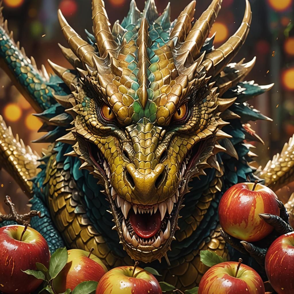 Dragon About to Eat Apple: Hyperrealistic Splash Art