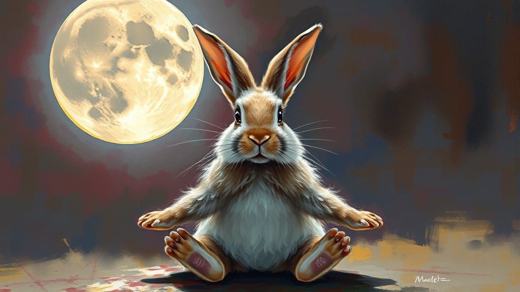 Fluffy Rabbit in Serene Lotus Pose Under New Moonlight