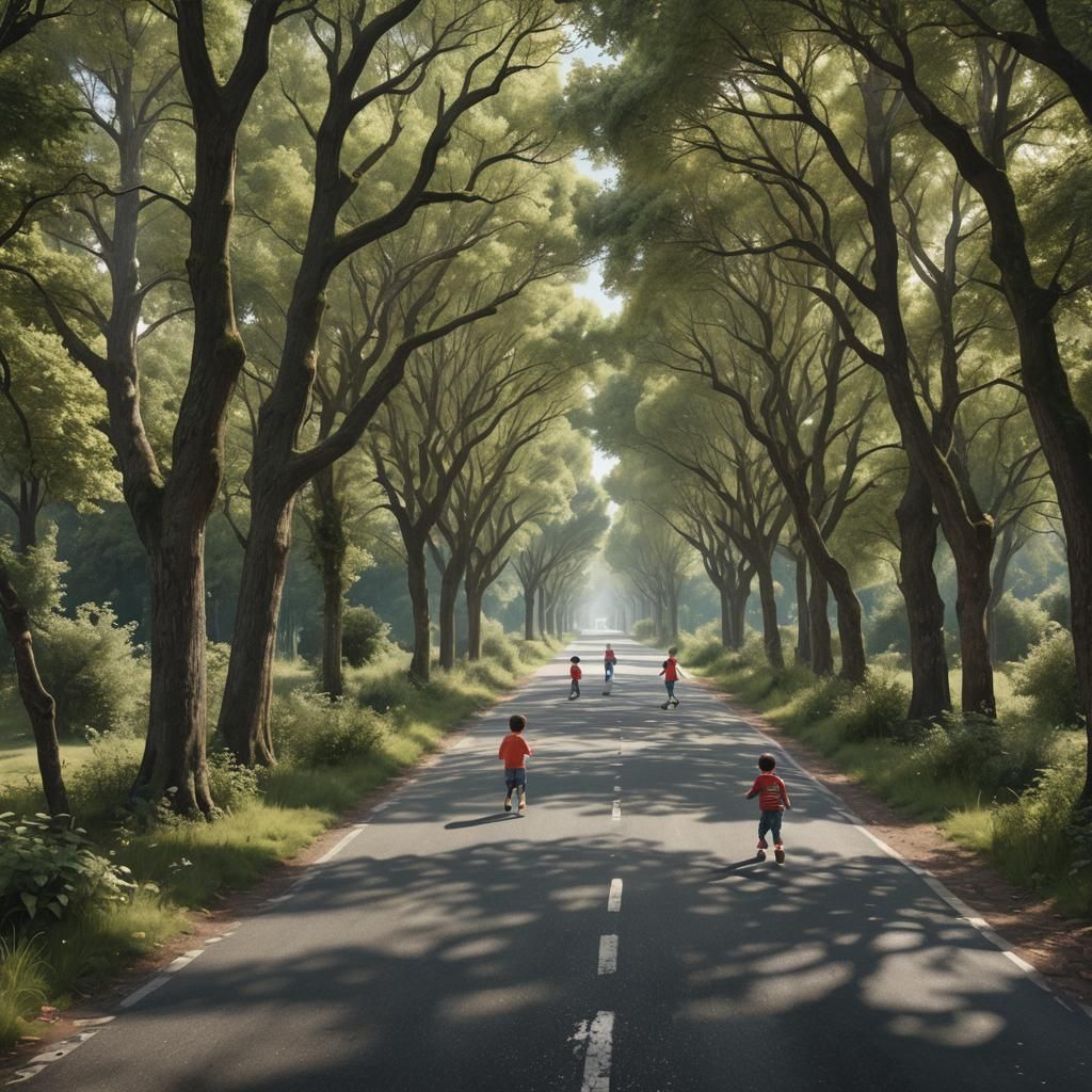 Children Playing on Tree-Lined Road
