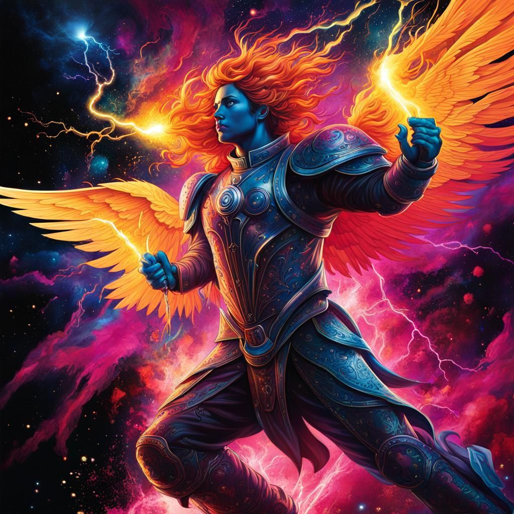 Winged Angel Warrior Battles Demons in Galaxy